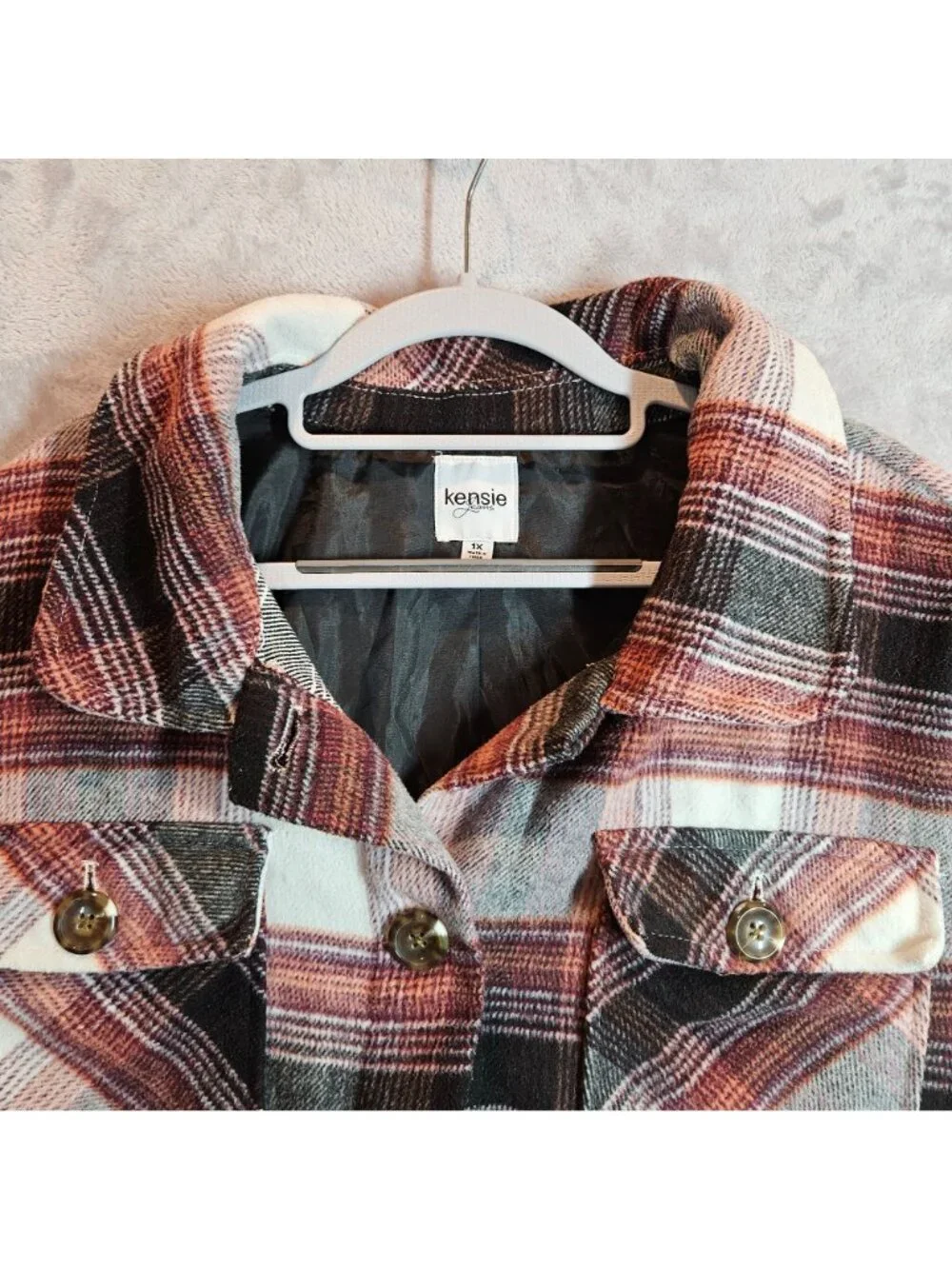 Kensie Women 1x Plaid Flannel lined Jacket Pockets Work gorpcore outdoor shacket